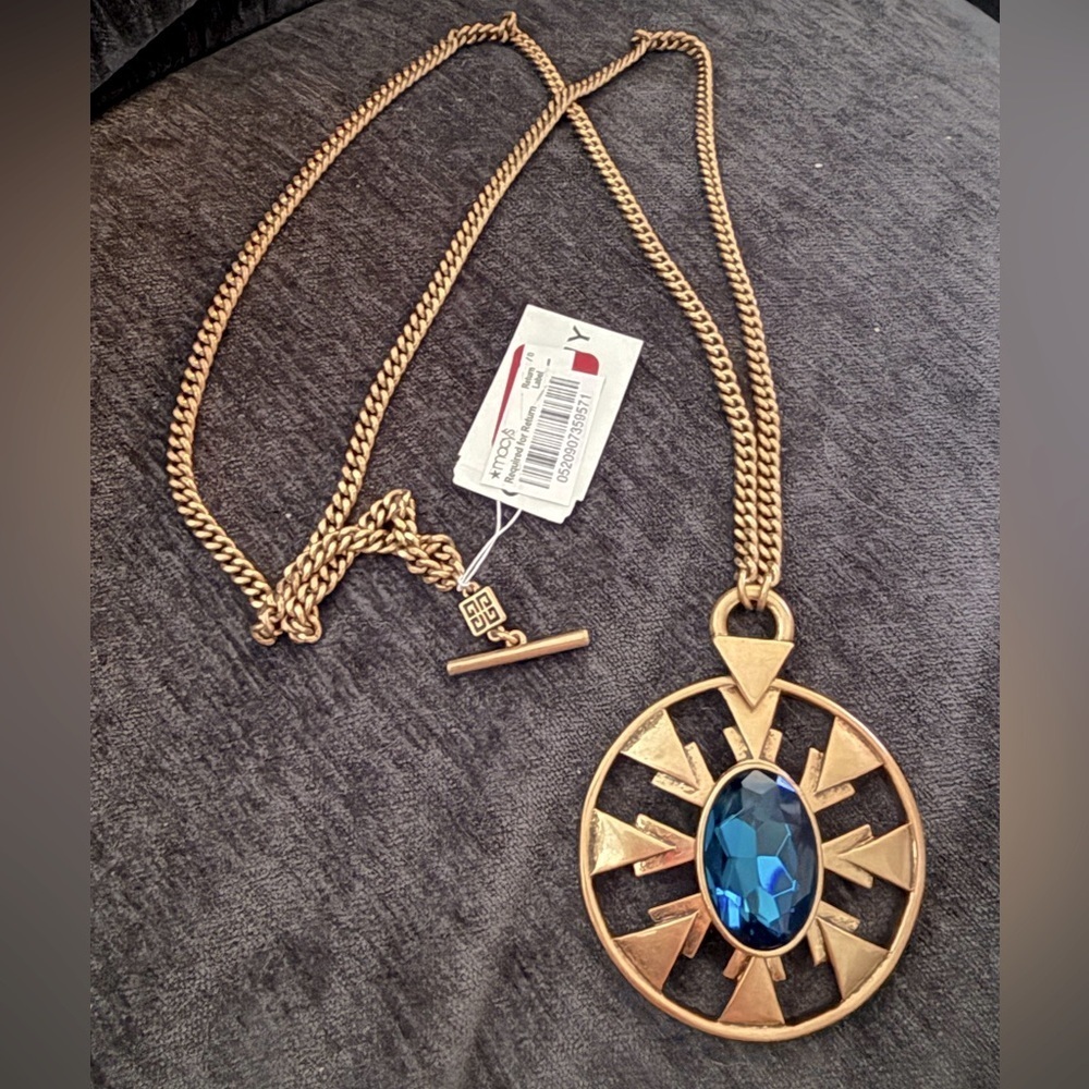 Vintage Givenchy Pendant Gold Necklace with Blue Green Gem nwt from estate